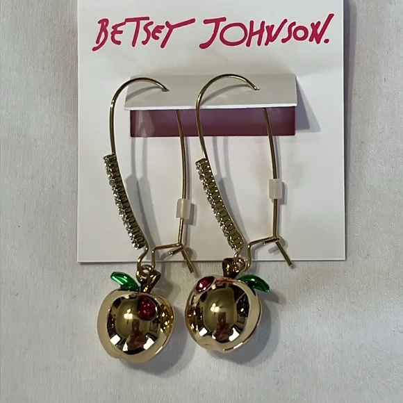 Betsey Johnson Apple Pave Shepherd Hook Earrings Goldtone crystal NWT - Picture 5 of 5